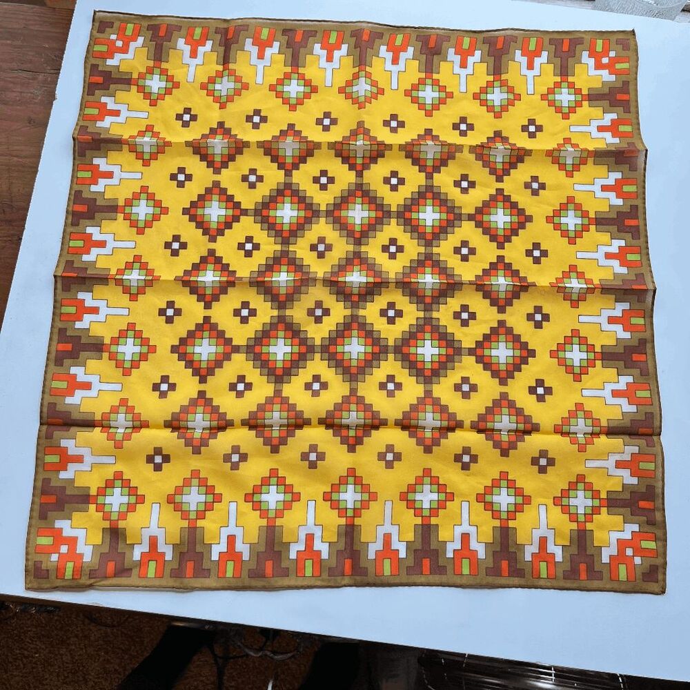Vintage 70s Nasharr Freres Sheer Geometric Print Scarf, Rolled Edge, 21"